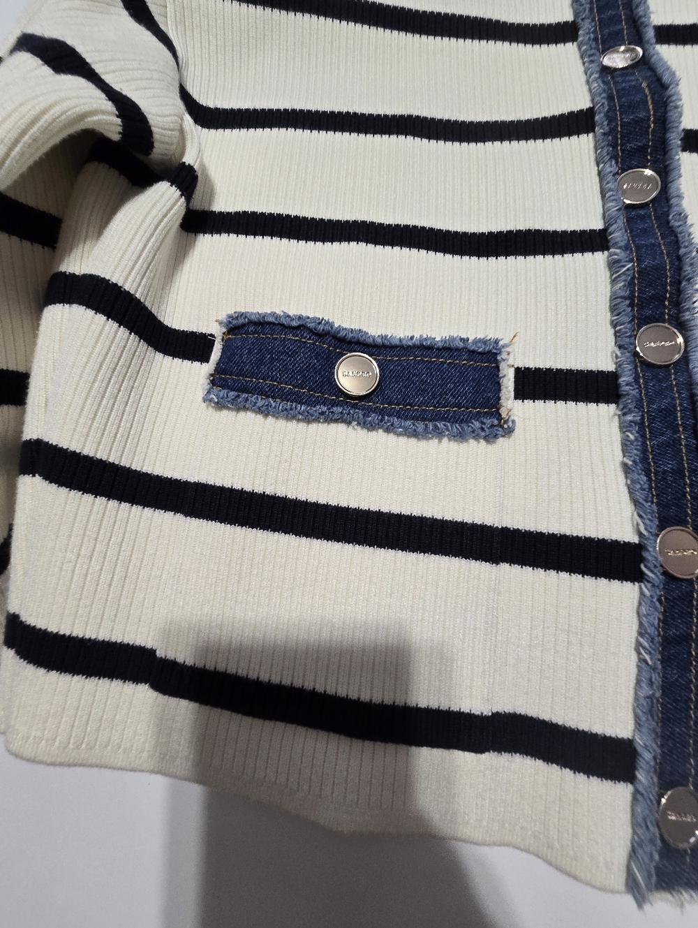 Sandro Stripey Cardigan With Denim Details Knit Crew Neck Long Sleeves Size S - Picture 4 of 13